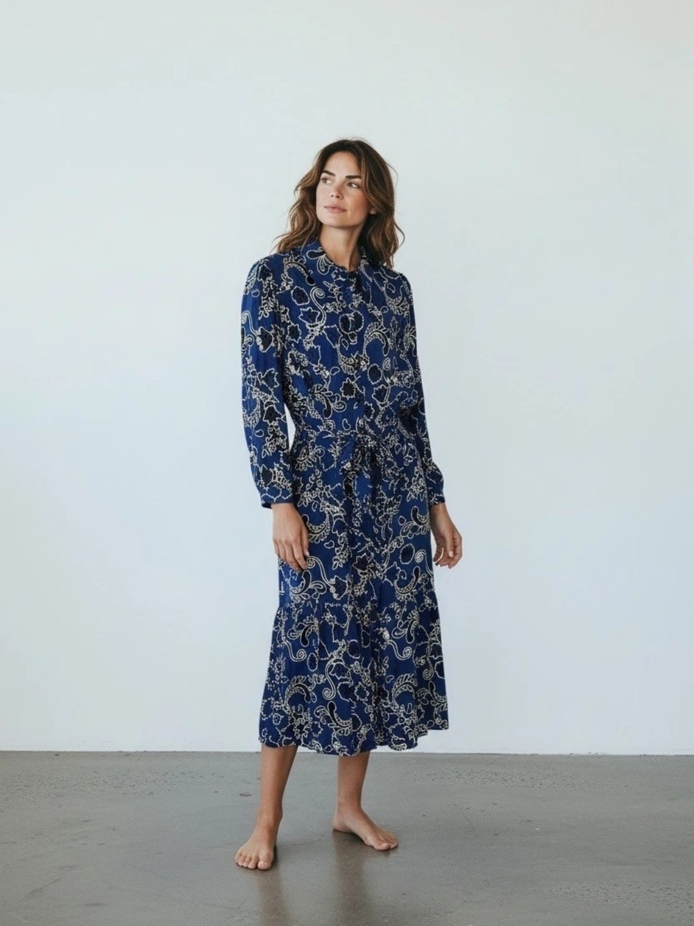Zara Navy Floral Tie-Waist Midi Dress